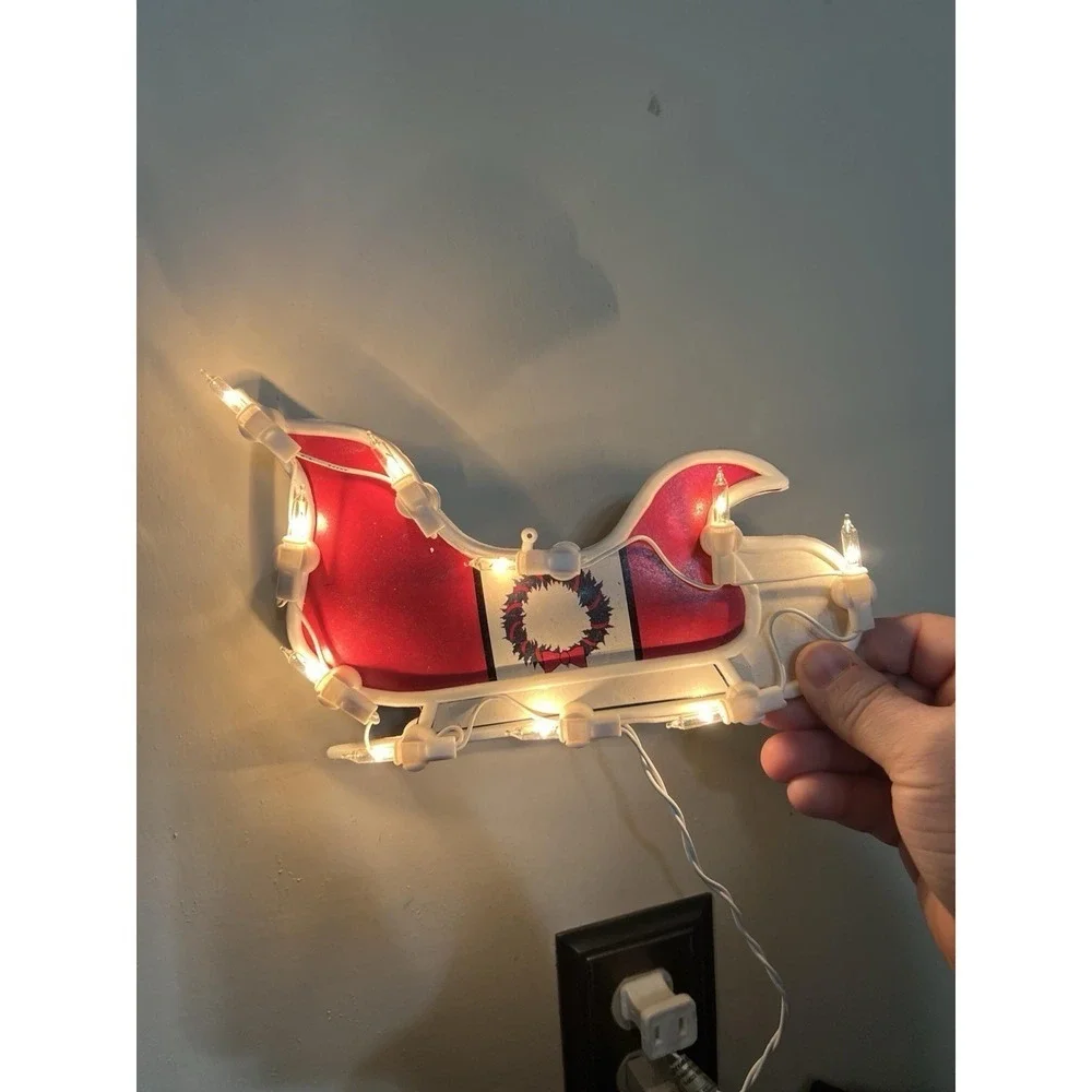 Lighted Christmas Sleigh Window Silhouette Plug-In Red White Mini Bulbs